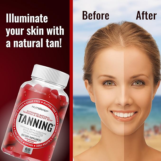 Tanning Gummies for Women - Self Tan Bronzing Supplement that Work Without Sun - No Sugar Vegan with Astaxanthin Lycopene Beta Carotene Vitamins - Glow Up Skin Health Daily Oral Tanning Chews