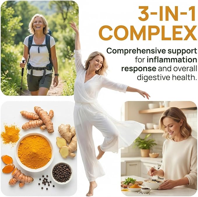 Turmeric Organic 3-in-1 Complex Turmeric Curcumin Supplement with Black Pepper &amp Ginger 2250mg Daily Support Vegan Non-GMO 120 Count (A)