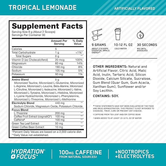 Optimum Nutrition Amino Energy Powder Plus Focus with BCAA Electrolytes and Caffeine Tropical Lemonade 30 Servings (Packaging May Vary)