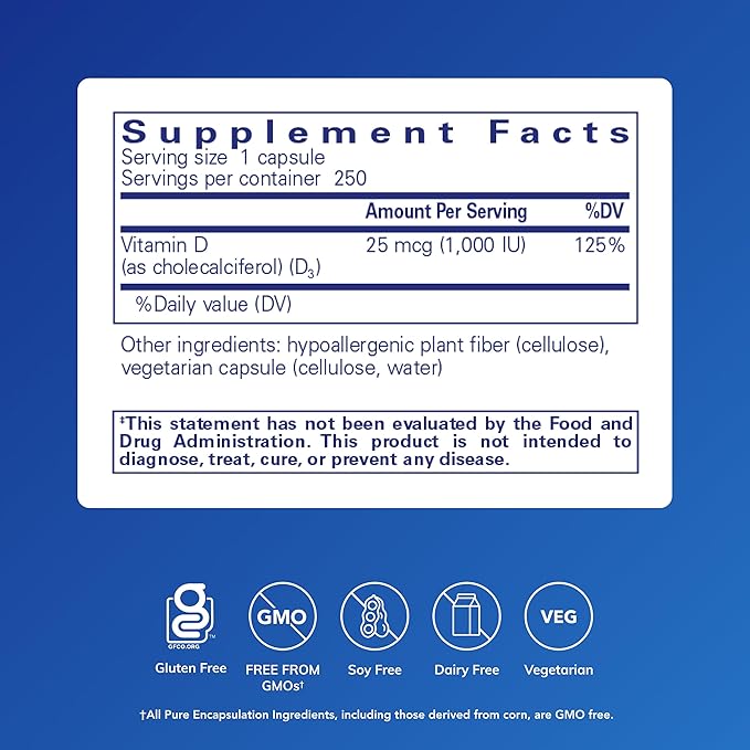 Pure Encapsulations Vitamin D3 25 mcg (1000 IU) - Supplement to Support Bone Joint Breast Heart Colon &amp Immune Health* - with Premium Vitamin D - 250 Capsules