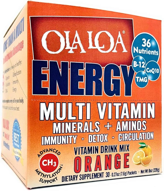 Ola Loa Energy Orange Multi Vitamin Drink Mix - Amino Energy Powder Gluten Free Detox Dairy Free Caffeine Free - Drink Your Vitamins for the Rigors of Daily Life - 30 Packets (8.25oz)