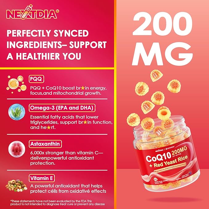 Red Yeast Rice Gummies 600mg &amp CoQ10 200mg for Adult 12-in-1 High Absorption Coenzyme Q10 Supplement Plus Omega 3 PQQ Astaxanthin Methyl B12 Support Brain Energy Immunity Antioxidant 60Ct