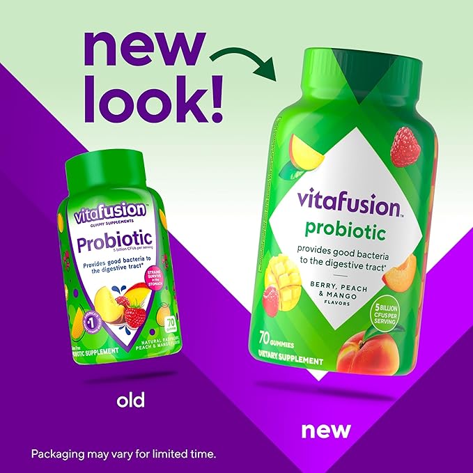 vitafusion Probiotic Gummy Supplements Raspberry Peach and Mango Flavors Probiotic Nutritional Supplements With 5 Billion CFUs 35 Day Supply 70 Count
