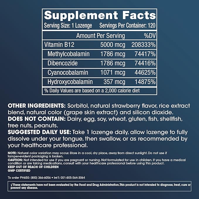 ProHealth Longevity Vitamin B12 Metabolism and Methylation Support. Enhance Energy Brain and Mood. Potent Methyl Donor Nutrient to Promote DNA Repair. 5000 mcg Per Serving 120 Lozenges