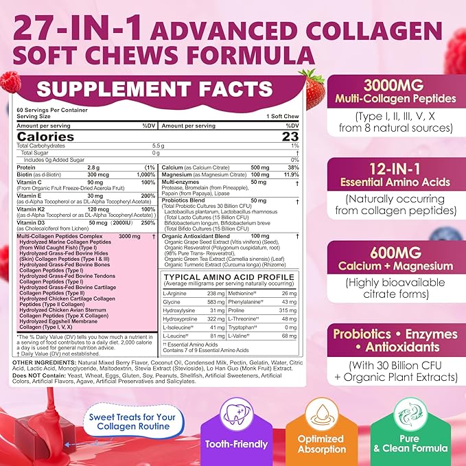 Vitamin D3 K2 + Calcium Liquid-Filled Gummies for Kids &amp Teens + Collagen Peptides Soft Chews 3000mg for Women &amp Men