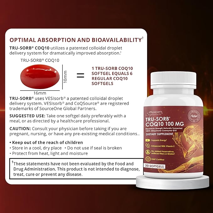 Tru-Sorb Natural COQ10 100mg: 30 Softgels - Supplement with Naturally Fermented 100% High-Potency Coenzyme q10 Ubiquinone Vitamin E 6X Ultra high Absorption for Cellular &amp Heart Health Support