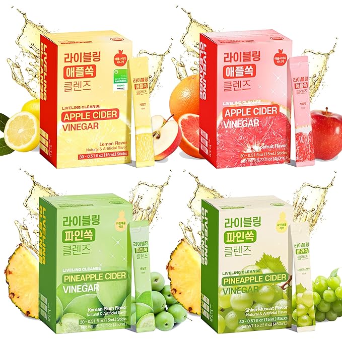 [Liveling] Apple&ampPineapple Cider Vinegar quad pack Natural Cleanse with Premium Nutritional Ingredients pH balance Zero Sugar Easy cut &amp Easy Mix (120 Sticks)