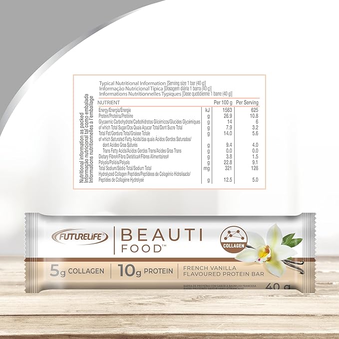 FUTURELIFE Beauti Food | French Vanilla | 20 Pack of Nutritional Bar's | High in Protein | 5g Hydrolyzed Collagen Peptides | Promotes Hair Nail Skin &amp Joint Health | (20)