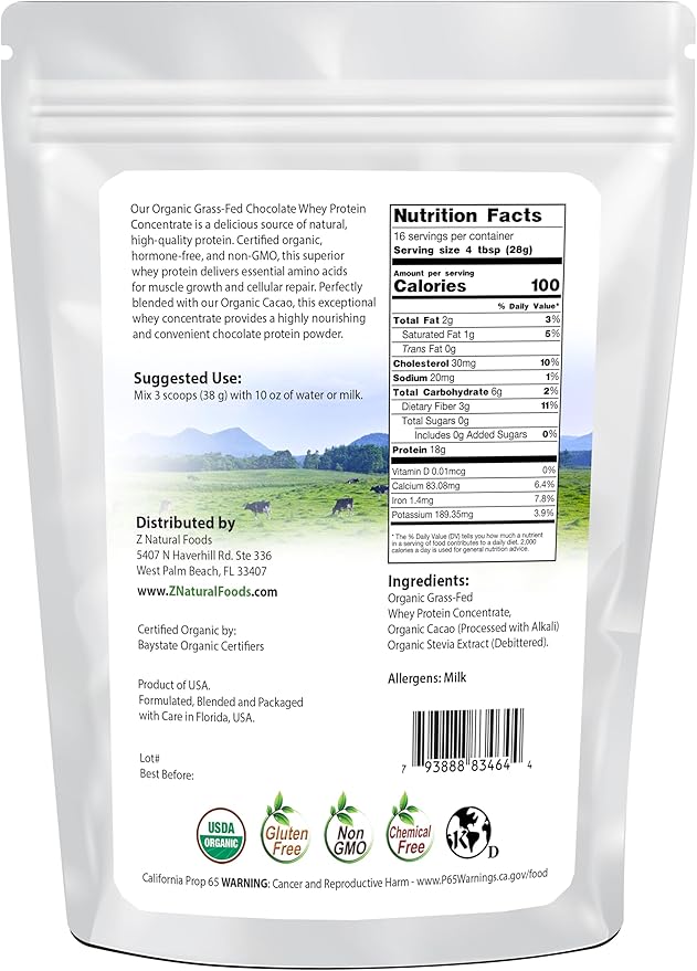 Organic Chocolate Whey Protein Powder Concentrate - Grass Fed &amp Raised in USA - Non GMO Gluten Free &amp Undenatured - No Sugar Added Sweetened With Stevia - No Hormones or Antibiotics - 1 lbs