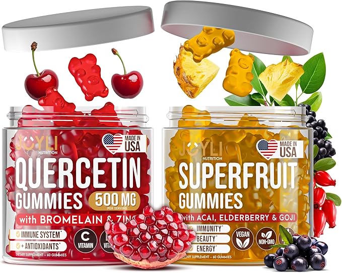 Joyli Quercetin &amp Superfruit Gummies Bundle – Immune &amp Antioxidant Support – Vegan Multivitamin Formula with Vitamins A C D E Zinc Goji &amp Elderberry – 2 Pack for Adults