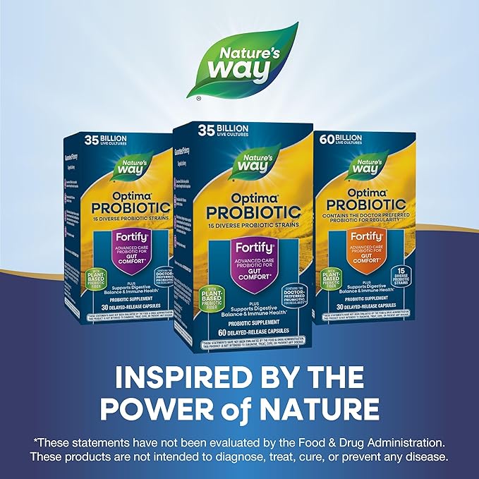Nature's Way Fortify Optima Probiotic for Adults 35 Billion Live Cultures 15 Strains Supports Digestive Balance and Immune Health* No Refrigeration Required 60 Capsules (Packaging May Vary)