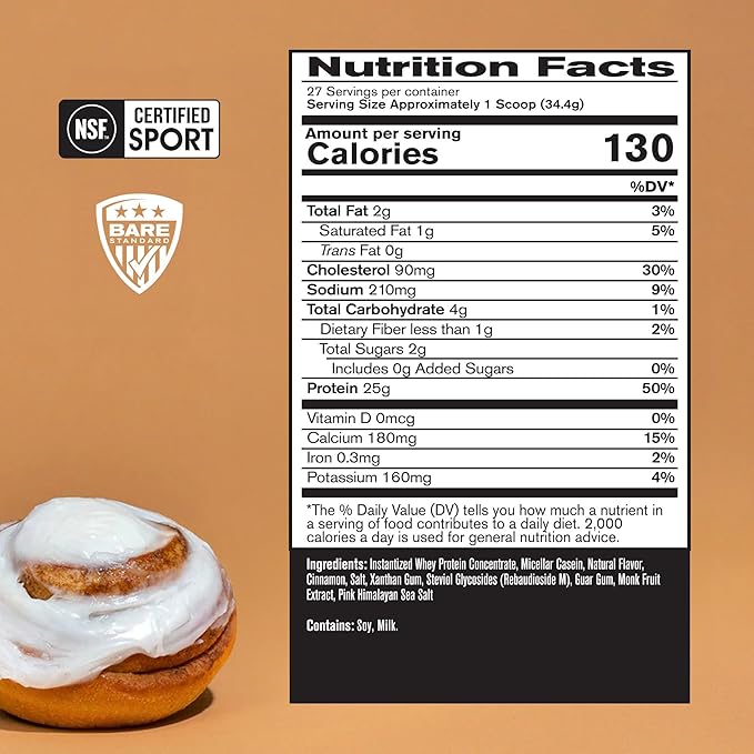 BARE PERFORMANCE NUTRITION BPN Whey Protein + Casein Protein Powder Blend Cinnamon Roll 25g Protein per Serving Supports Lean Muscle Recovery 27 Servings Third Party Tested