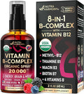 USDA Organic Vitamin B-Complex Liquid Spray 8-in-1 - B5 Pantothenic Acid | B12 Methylcobalamin | B1 Thiamine | B6 Pyridoxine | B7 Biotin | B9 Folic | B3 Niacinamide - Made in USA Supplement 2fl oz
