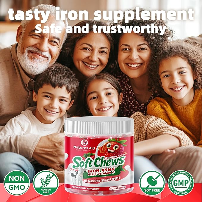 Chewable Iron Supplement for Women &amp Men and Kids - Strawberry Flavor Iron Vitamin C Soft Chew for Max Absorption Iron as Ferrous Fumarate Ideal for Iron Deficiency 2 Month Supply