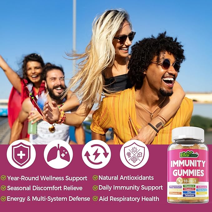 10 in 1 Immune Support Supplement Gummies w/Echinacea Elderberry Vitamin C and Zinc Selenium Vitamin D3 5000IU Magnesium Daily Immune Booster Multivitamin for Antioxidant Bone Energy 1 Pack