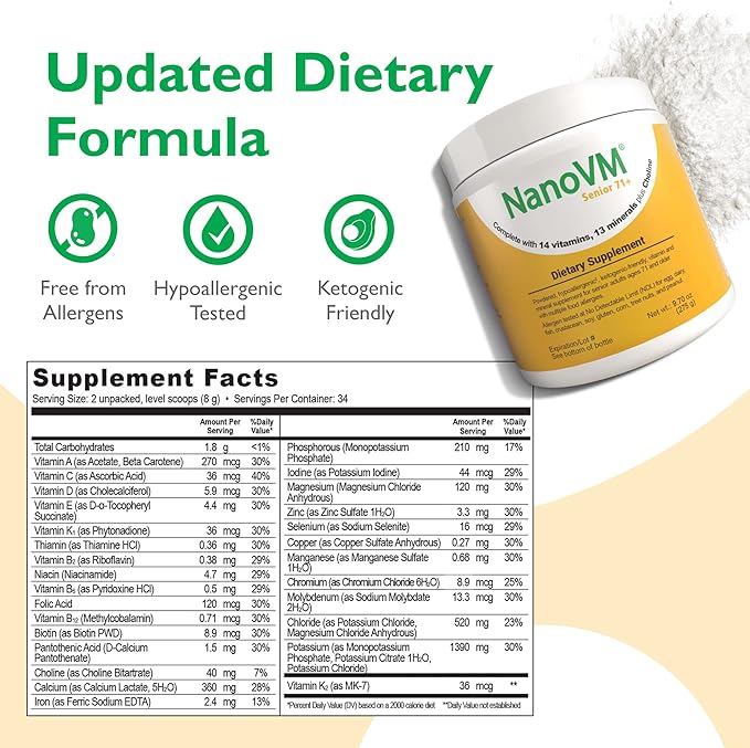 Senior 71+ Allergen-Free Vitamin Supplements Unflavored Multivitamin Powder with 14 Vitamins &amp 13 Minerals Low-Carbohydrate Mineral Supplements 275g - Solace Nutrition