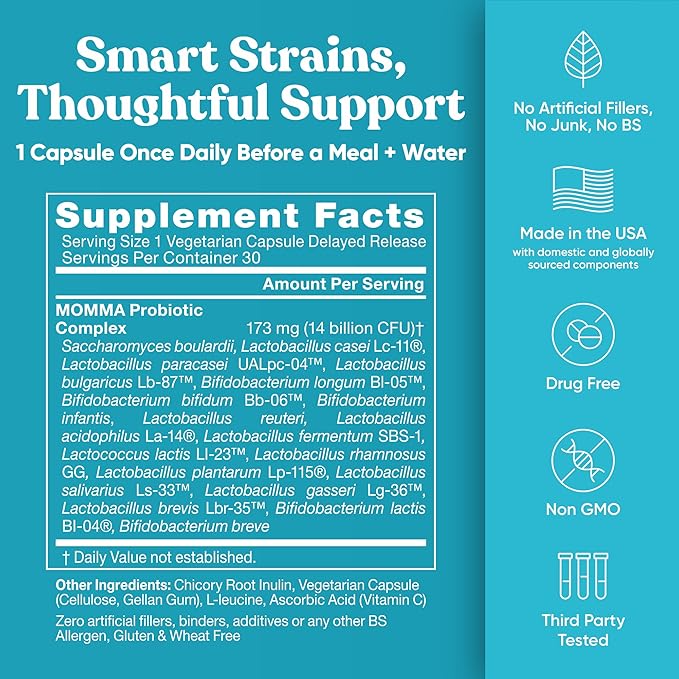 Momma Prenatal Probiotics Mom &amp Baby – Gut and Digestive Postpartum Nursing Morning Sickness Pregnancy Relief – 18 Clinically Proven Strains 14 Billion CFU Prebiotic – 30 Mini Vegan Capsules