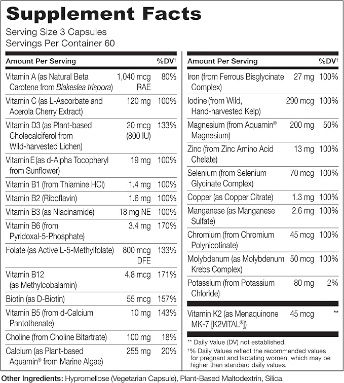 NATURELO Prenatal Multivitamin with Gentle Chelated Iron Methyl Folate Plant Calcium &amp Choline - Vegan Vegetarian - Non-GMO - Gluten Free - 180 Capsules - 2 Month Supply