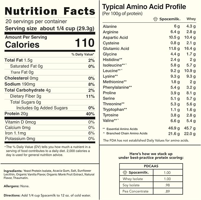 Spacemilk Premium Vanilla Protein Powder Vegan 4.24g BCAAs Non-GMO Gluten Free (1.29 lbs)