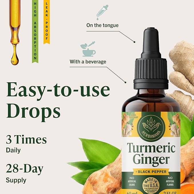 HERBAMAMA Turmeric Curcumin and Ginger Supplement - Vegan Immune Blend with Liquid Ginger RootTurmeric &amp Black Pepper Extract - Non-GMO Alcohol &amp Sugar-Free Immunity Drops