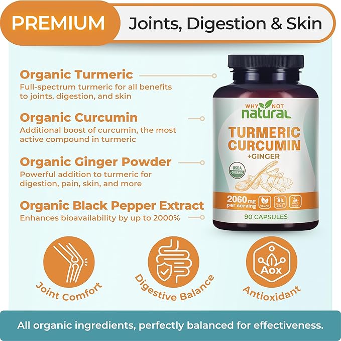 Organic Turmeric Curcumin Supplement in Capsules with Ginger and Black Pepper - Tumeric