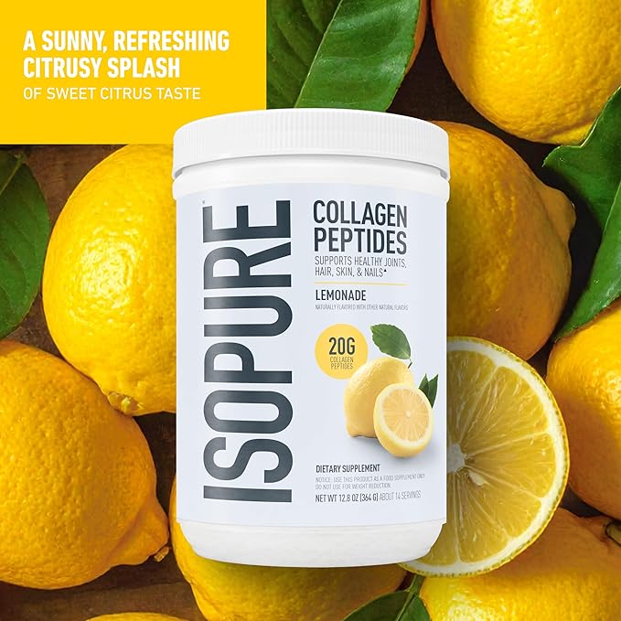 Isopure Collagen Peptides Powder Promotes Hair Nail Skin and Joint Health with Vitamin C and Biotin Lemonade 20g Collagen Peptides Per Serving 11.36 Oz 14 Servings (Packaging May Vary)