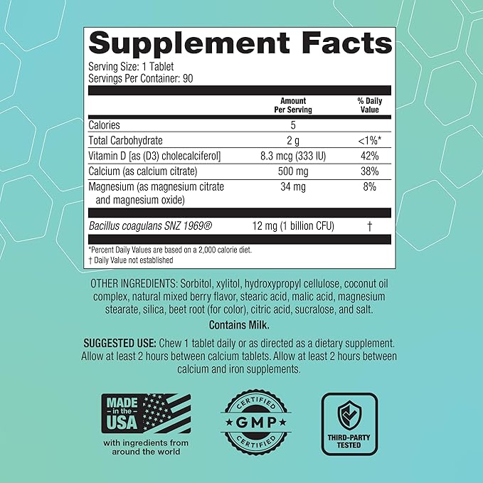 Bariatric Choice Chewable Calcium Citrate 500mg with Vitamin D3 Magnesium &amp Probiotics for Bariatric Surgery Patients Including Gastric Bypass &amp Sleeve Gastrectomy Sugar-Free -Berry Flavor