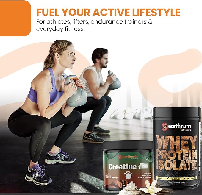 EarthNutri Whey Isolate Protein &amp Creatine Monohydrate Powder Bundle - Ideal for Men &amp Women Post Workout Regimen Endurance &amp Daily Fitness Routine - 25g Protein Vanilla Flavor &amp Un