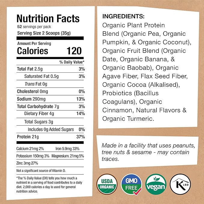EarthChimp Organic Vegan Protein Powder - with Probiotics - Non GMO Dairy Free Non Whey Plant Based Protein Powder for Women and Men Gluten Free - 52 Servings 64 Oz (Plain &amp Unsweetened) No Sc