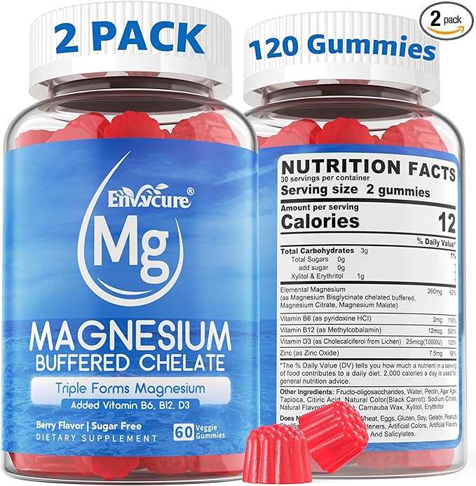 Magnesium Gummies - Triple Magnesium Complex Magnesium Glycinate Gummies | Magnesium Glycinate Malate Citrate w/ D3 B6 B12 for Calm Sleep &amp Muscle Cramp | High Absorption | Vegan 2 Pack