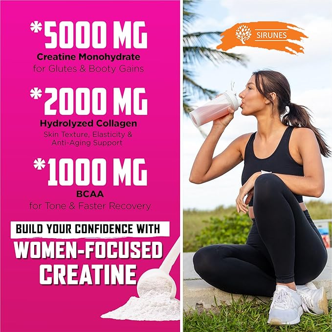 SIRUNES SRUNES Creatine and Collagen for Women – 5g Creatine Monohydrate 2g Collagen Peptides 1g BCAA 2:1:1 – Unflavored Supplement Powder 30 Servings