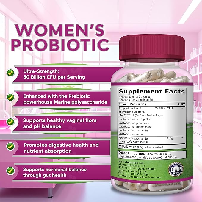 aSquared Nutrition Probiotics for Women - 50 Billion CFU Women's Probiotic Supports Digestive Gut Vaginal &amp Urinary Tract Health - Prebiotics for Females - 60 Capsules - Alt to Gummies