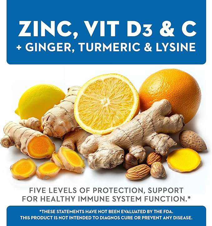 Vitaminerals® Z D C Zinc Complex 50mg | Vitamin D3 250mcg | Vitamin C 500mg | Ginger | Lysine | Turmeric | Vegetarian Capsules| 120 Servings