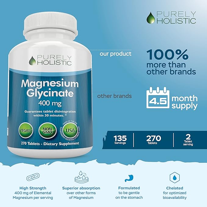 Purely Holistic Magnesium Glycinate 400mg + Vitamin C 1000mg with Rosehip &amp Acerola Cherry Bioflavonoid - Vegan Bundle - 270 Tablets &amp 365 Capsules