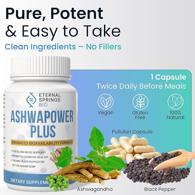 AshwaPower Plus Herbal Ashwagandha Dietary Supplement 60 Capsules Organic Ashwagandha Black Pepper Stress Relief Vitality