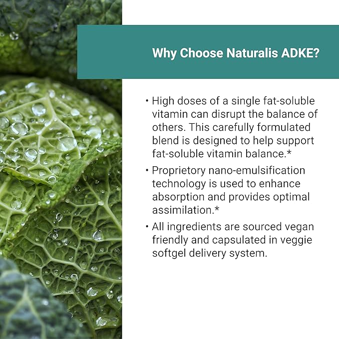 Naturalis Vegan Vitamin ADK with 50mg Tocotrienol and CoQ-10 | Nano-Emulsified in EVOO for Better Absoprtion | Non-GMO Soy Free and Vegan Society Certified | 60 Veggie Softgels (Carrageenan Free)