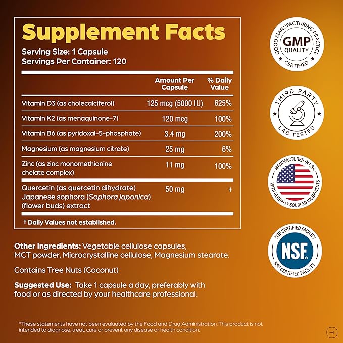 Sandhu's Vitamin D3 K2 Magnesium 5000 IU 120mcg K2 Capsules 120 Count (Pack of 3) | with VIT B6 Zinc &amp Quercetin | D3K2 Supports Superior Absorption Energy Immune Muscle Health for Men &amp