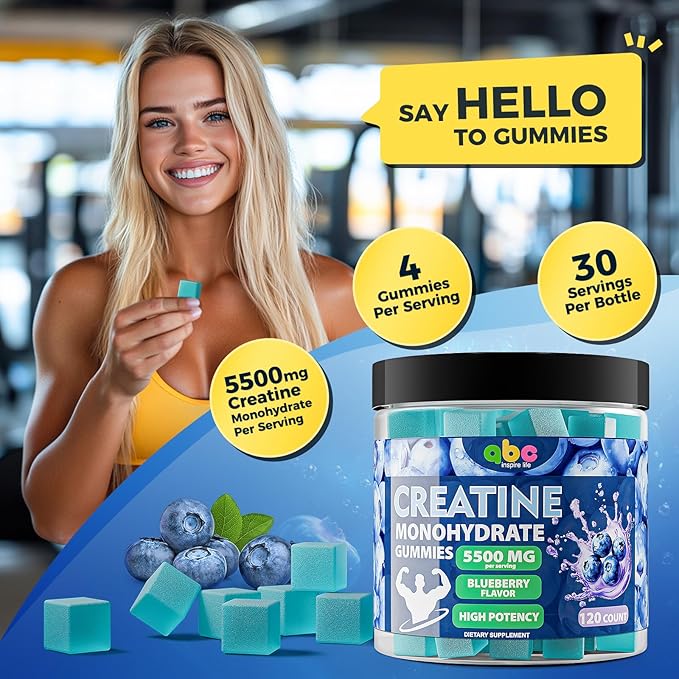 Creatine Monohydrate Gummies 5500mg for Men and Women120 Count Chewable Creatine Monohydrate Gummies for Muscle SupportEnergy Refresh Supplement Blueberry Flavored