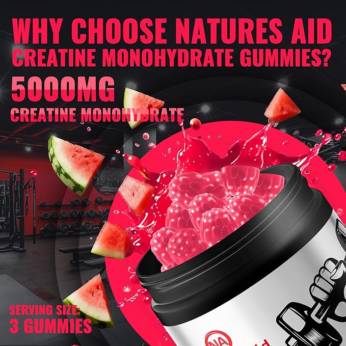 Natures Aid NSF Certified Creatine Gummy 5g - Creatine Monohydrate Gummies – Pre-Workout Energy &amp Muscle Growth Support for Men &amp Women | Watermelon Electrolyte Gummies (135 Count)