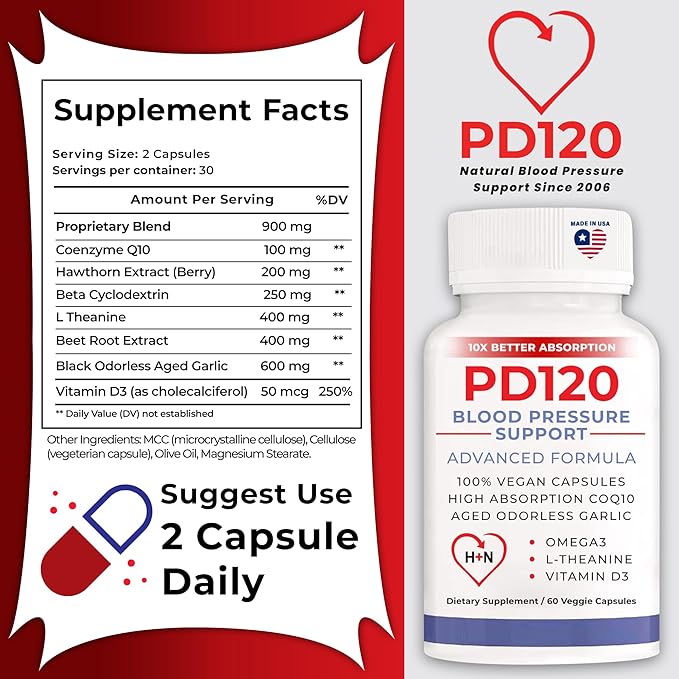 Natural Blood Pressure Support Supplement: 8-in-1 Formula with Black Odorless Garlic High-Absorption CoQ10 (Pack of 2)