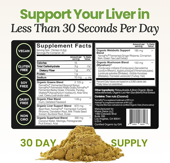 Daily Detox Greens Powder Organic Superfood Supplement for Detox Gut Health Energy Immune Support Overall Wellness Gluten Free Multivitamin Drink Mix Vegan Non GMO 30 Servings