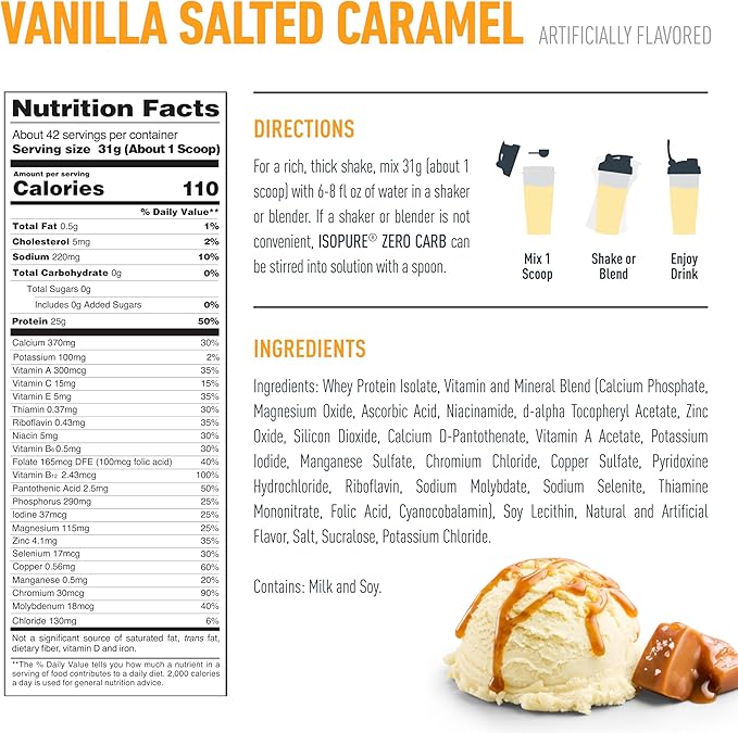 Isopure Zero Carb 100% Pure Whey Isolate Protein Powder Gluten Free With Vitamins Vanilla Salted Caramel 25g Protein Per Serving 3 Lbs 42 Servings (Packaging May Vary)