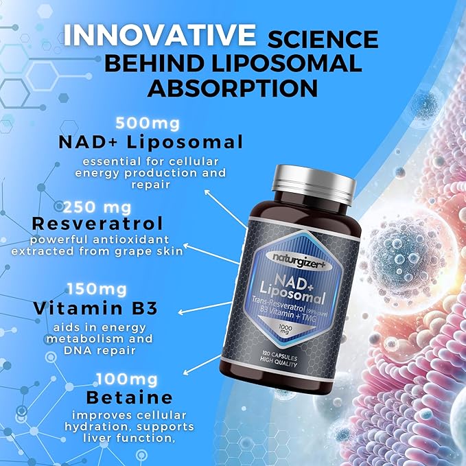 Liposomal NAD+ Supplement with Resveratrol TMG &amp Vitamin B3 | 4-in-1 Healthy Aging &amp Cellular Energy Support | High Absorption NAD Plus for Men &amp Women Over 40 | 120 Capsules