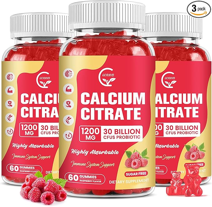 (3 Pack) Sugar Free Calcium Citrate Gummies 1200 mg with Vitamin d3 K2 Magnesium Zinc for Bone Muscle &amp Immune Support High Absorption Calcium Supplement for Women Raspberry Flavor 60 Chews