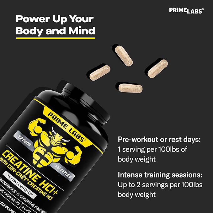 Prime Labs Creatine HCl Capsules - with CON-CRĒT® Rhodiola Root Extract &amp L-Theanine - Muscle Support Endurance Cognitive Function - for Men &amp Women - 60 Pills