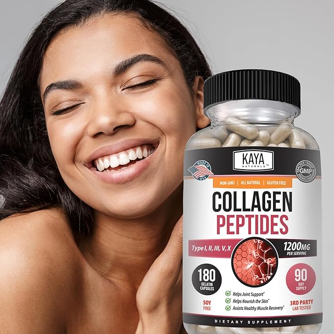 Kaya Naturals Multi Collagen Peptides Complex Powder for Women and Men Types I II III V &amp X | 180 Count Capsules
