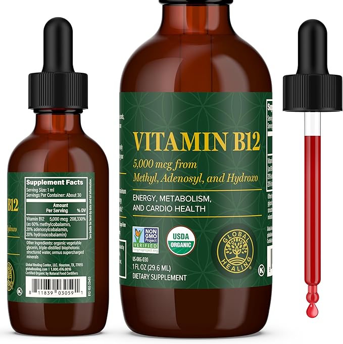 Global Healing Center - Vitamin B12 Sublingual 5000 MCG Organic Liquid Supplement Methylcobalamin Adenosylcobalamin Hydroxo Long-Lasting Energy and Healthy Metabolism - Vegan B12 Vitamins (1 Oz)