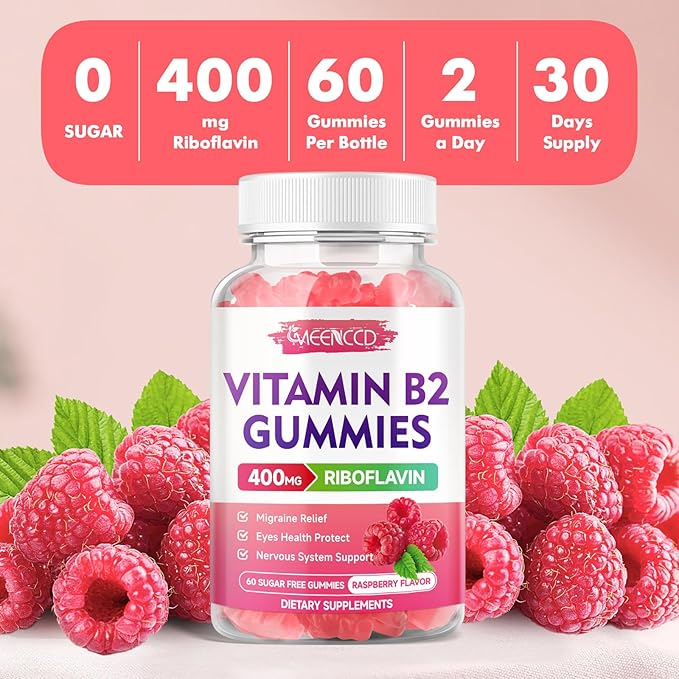 Vitamin B2 Gummies Riboflavin 400mg Supplement with Magnesium for Kids &amp Adults B2 Gummies for Migraine Relief &amp Nervous System Support Vegan Sugar-Free Raspberry Flavor 60 Count