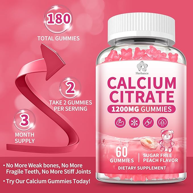 (3 Pack) Calcium Citrate Gummies 1200 mg for Adults High Absorption Calcium Supplement for Women &amp Men Sugar Free Non-GMO Gluten Free Supports Muscle &amp Immune - Natural Peach Flavor