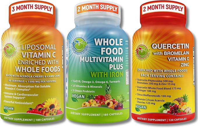 SUPPLEMENTS STUDIO Vegan Immune Energy &amp Whole Body Support Bundle – Vegan Whole Food Multivitamin with Iron + Liposomal Vitamin C 1500mg + Quercetin with Bromelain Zinc and Vitamin C – Non-GMO